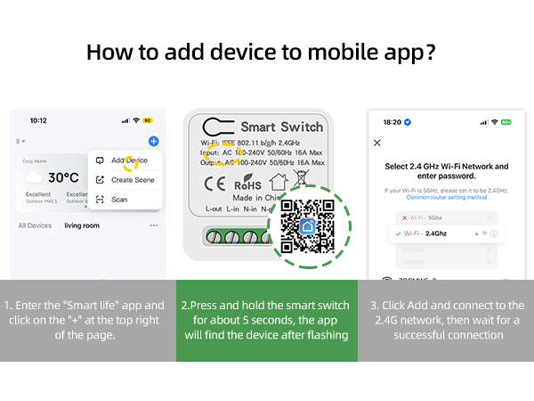 Step-by-step mobile app setup guide showing smart device pairing process, including QR code scanning and bluetooth connection instructions.