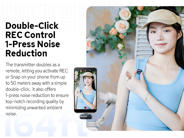 Wireless transmitter device for remote recording control. Features double-click activation and one-press noise reduction, compatible with smartphones for high-quality audio capture up to 50 meters away.