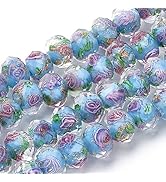 PH PandaHall 70pcs 6~8mm Gold Sand Lampwork Beads Glass Handmade Round Loose Beads for Rosary Mak...