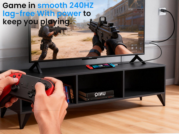 Gamer playing Switch on TV with SOLLPEL cable for smooth 240Hz and simultaneous charging.