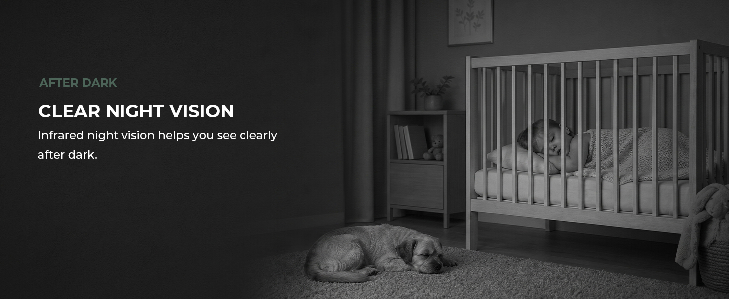 Dark nursery scene viewed clearly by the indoor camera at night.