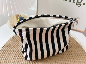 stripe canvas makeup bag cosmetic organizer, travel pouch, vintage black white