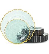 Pryntono 100 PCS Green Hammered Plastic Plates, Disposable Plates with Gold Rim, Heavy-duty Clear...