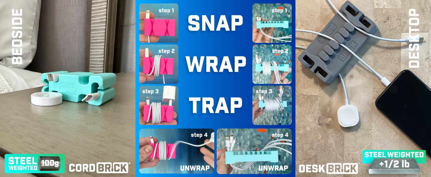 Snap Wrap Trap and Unwrap Instantly with CordBrick and DeskBrick