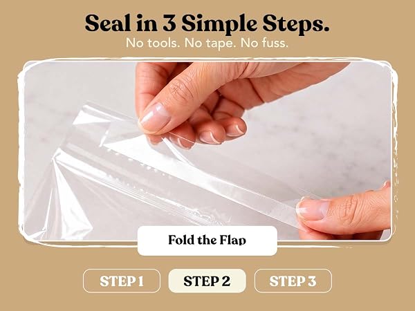 Step 2, fold the flap: hands folding the self-seal flap over a clear cello bag of cookies