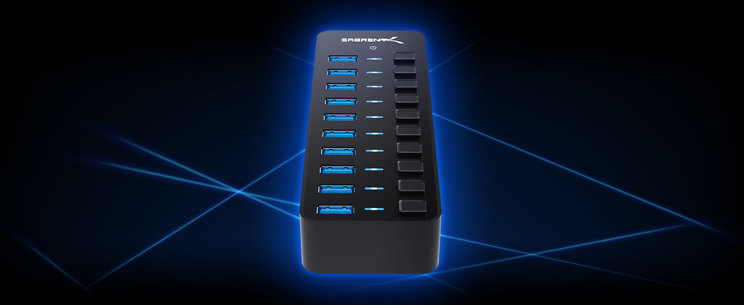 SABRENT USB Hub showcasing 5Gbps data transfer and 60W smart charging functionality.