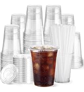 Boxential 100 Pack 16 oz Clear Plastic Cups with Lids and Straws, Disposable Coffee Cups with Lid...