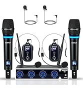 ZERFUN 4 Channel Rechargeable Wireless Microphone System, Pro UHF Metal Handheld Headset Lavalier...