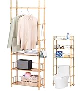 GOGOGO Bamboo Clothes Rack - Tool-Free,12 Hooks, 150lb Heavy Duty, 3-Tier Shelves, Convertible to...