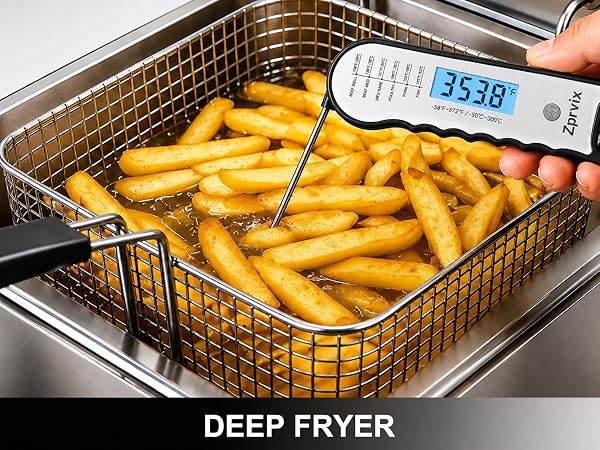 Deep fryer thermometer for oil temperature, French fries, frying, and kitchen cooking use