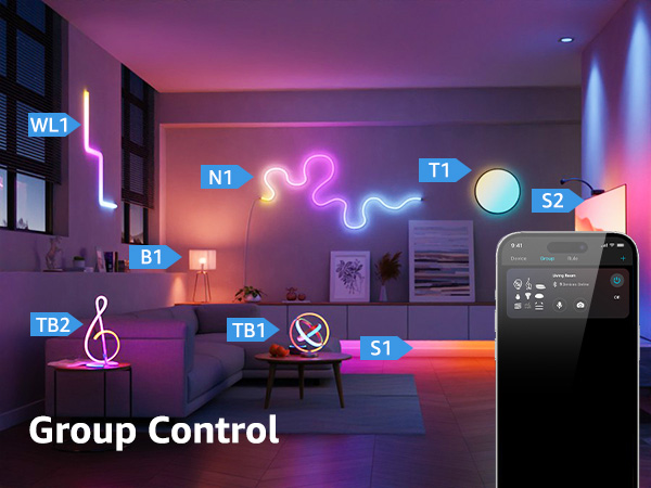 Room with colorful neon light fixtures and smart home control. Smartphone displays interface for managing multiple labeled light groups.