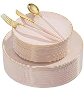 DaYammi 150Pcs Pink Plastic Plates with Gold Rim,Elegant Disposable Dinnerware with Gold Cutlery ...