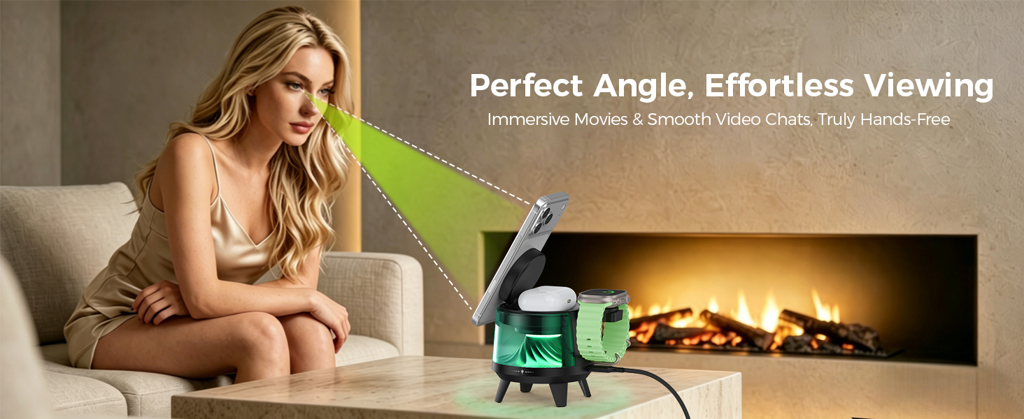 Adjustable angle wireless charger, hands-free viewing for movies and video calls with ambient light