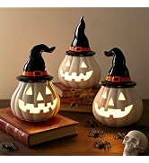 NEROSUN 3 Pack Halloween Light Up Pumpkin Decorations, Ceramic Battery Operated Lighted Jack O La...