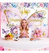 WADORN Butterfly Happy Birthday Decorations Backdrop, 5.2x6.6Ft Butterfly Flowers Crown Party Ban...