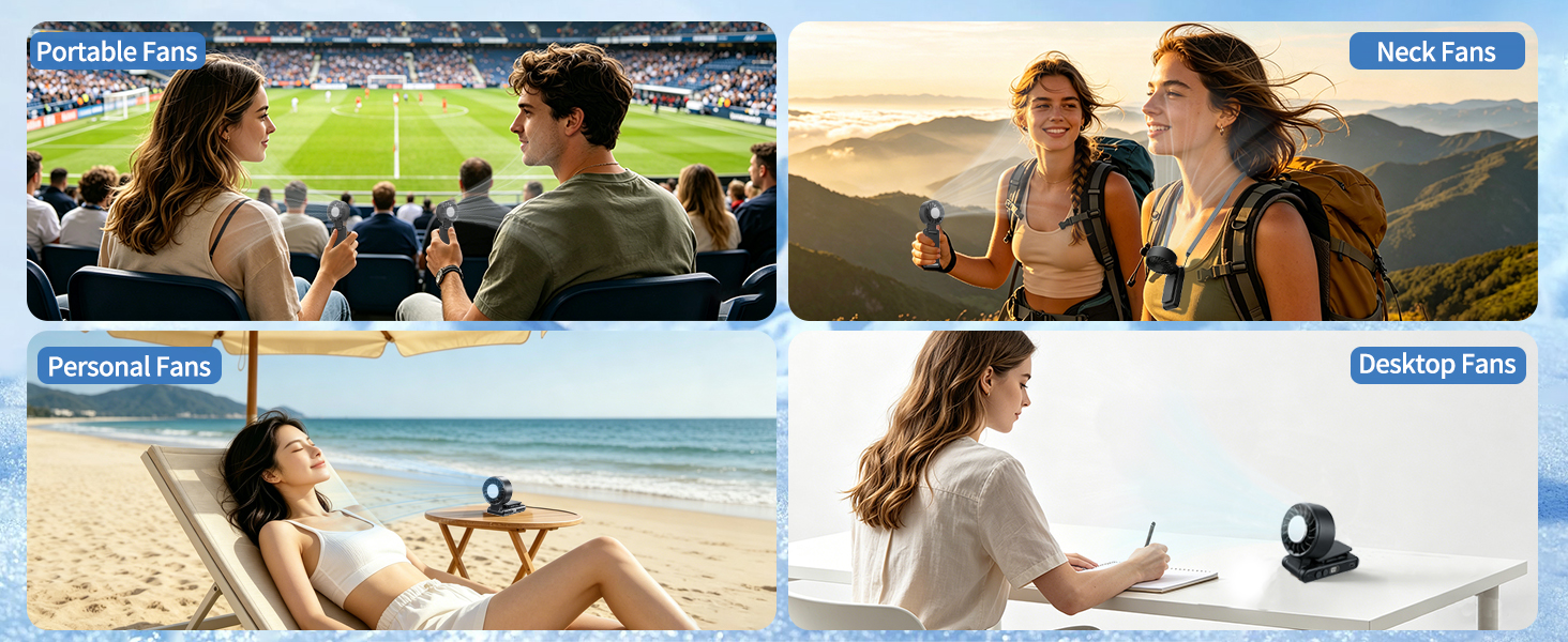 Text reads 'Guided Tours', 'Back Yard', 'Romantic Farm', 'Beachside Patio'. Grid of four lifestyle photos showing people in various outdoor settings: countryside gathering, mountain hiking, beach relaxation, and waterside leisure activities.