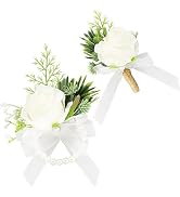 SITUMEIZI 2Pcs White Corsage and Boutonniere Set,Corsage Wristlet for Prom Decor,Boutonniere for ...