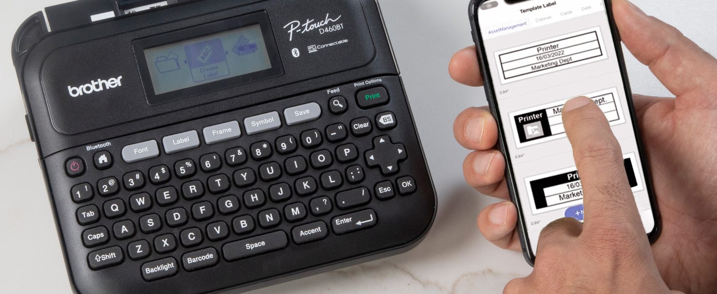 Person using iPrint&Label app on mobile device to select pre-built label template with table layout