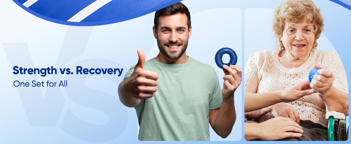 Split image showing two people using blue resistance bands. Left: man giving thumbs up. Right: older woman exercising with assistance. Text reads 'Strength vs. Recovery: One Set for All'.