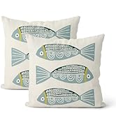 DAFENA Coastal Pillow Covers 18x18 Inch 2 Pcs Blue Fish Ocean Beach Summer Outdoor Decor Throw Pi...