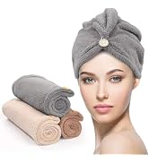 YFONG 3 Pack Hair Drying Towels, Hair Towel with Button, Super Absorbent Microfiber Hair Towel fo...