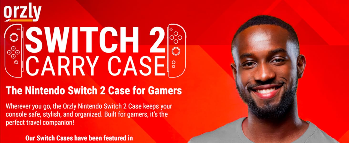 A man holding an Orzly Nintendo Switch 2 Case that can hold your Switch 2 and Switch 2 accessories