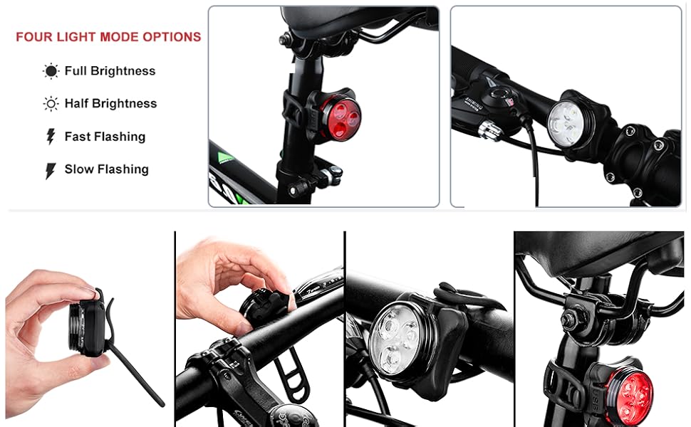 USB Rechargable Bicycle Lights with Silicone Mounting Straps and USB Cables Included