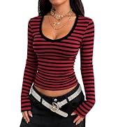 LOMON Long Sleeve Shirts for Women Deep V Neck T-Shirt Ribbed Knit Slim Fit Casual Basic Crop Top...