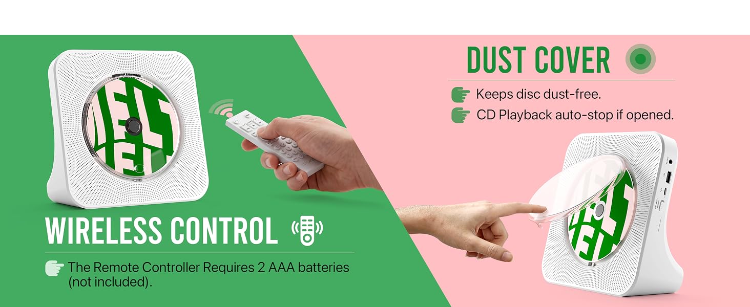 CD player with remote control and dust cover on desktop for home bedroom and living room