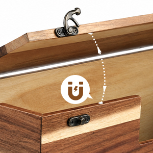 Close-up of the smooth magnetic flip lid on the wood wire organizer box.