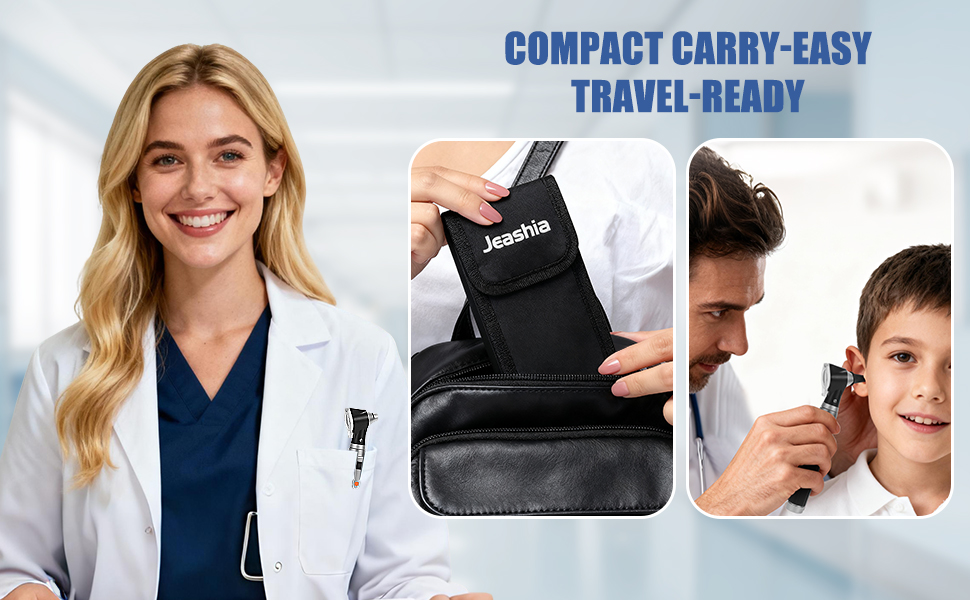 Jeashia Otoscope: Compact, travel-ready (with pouch) – used on a child.