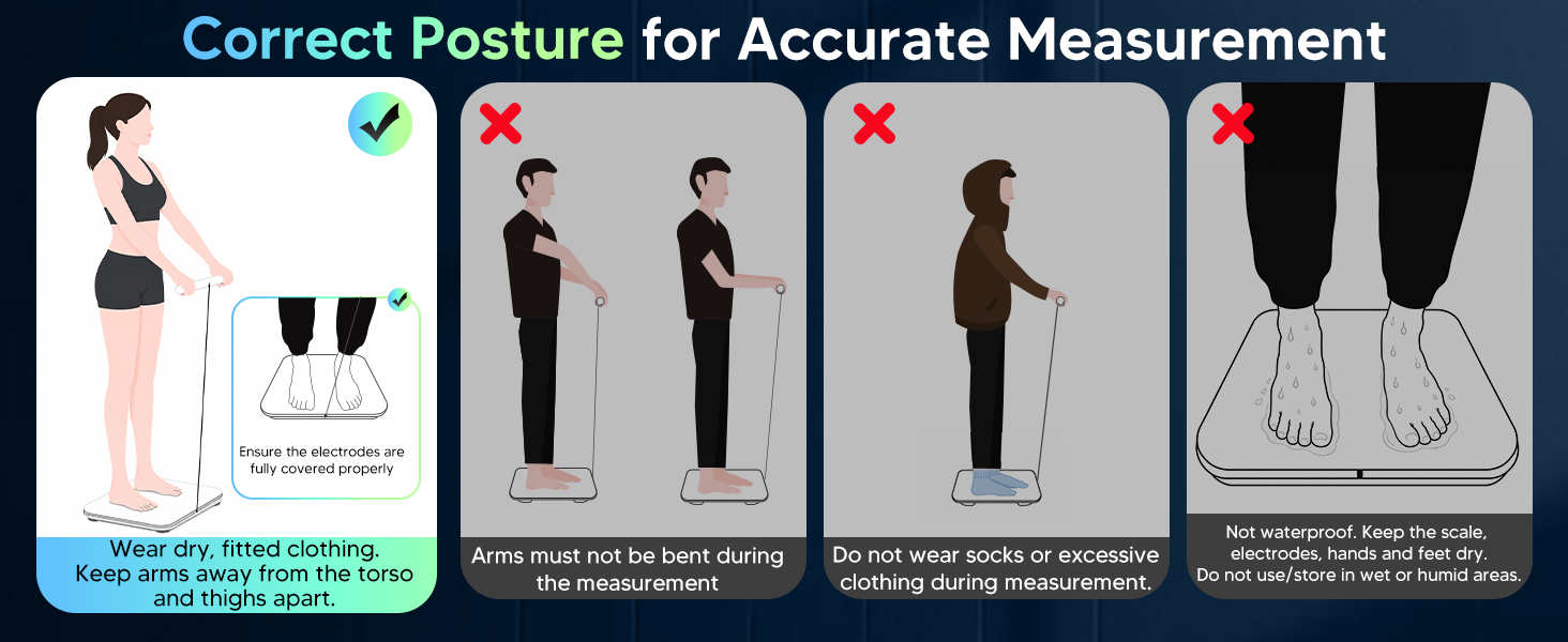 Correct posture for accurate measurement: arms angled and feet covering electrodes