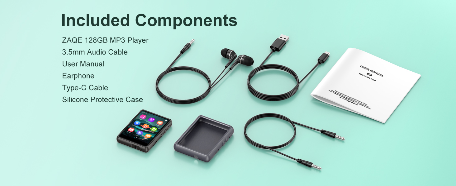 Product components display including earphones, cables, charging case, user manual, and silicone protective case on a mint green background.