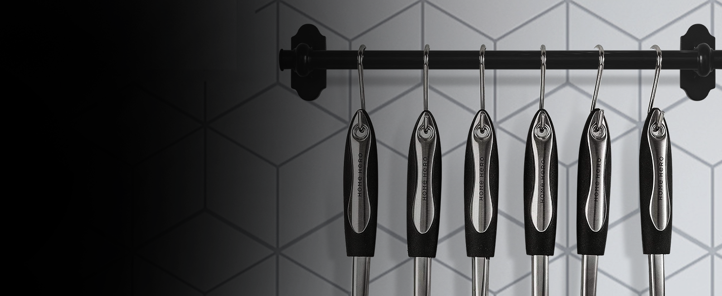high-quality stainless steel & silicone kitchen utensils set on kitchen hooks