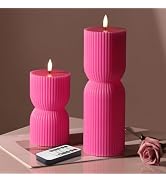 Girimax Hot Pink Ribbed Flameless Pillar Candles with Remote, Real Wax Flickering Battery LED Can...