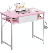 Pamray 32 Inch Small Computer Desk with Drawer and Shelves Simple Study Work Table for Bedroom Pink