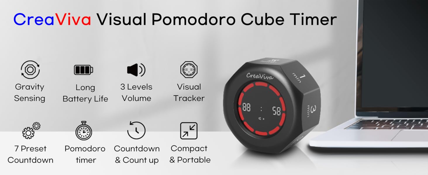 creaviva digital visual pomodoro cube timer gravity sensor visual tracking 7 preset count up