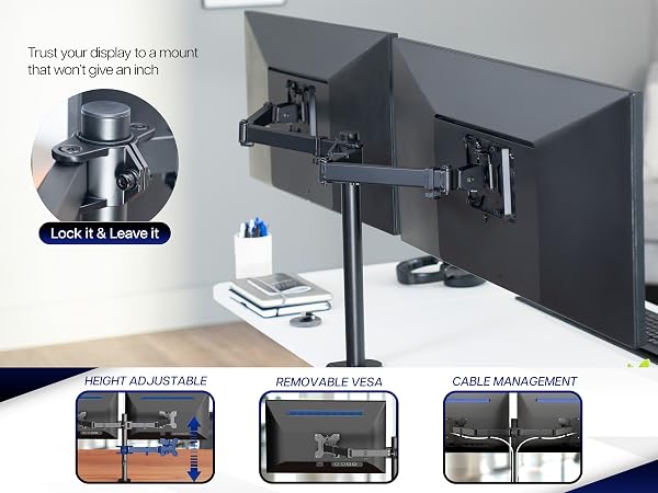 dual monitor mount adjustable desk stand clamp grommet tilt swivel rotate ergonomic setup