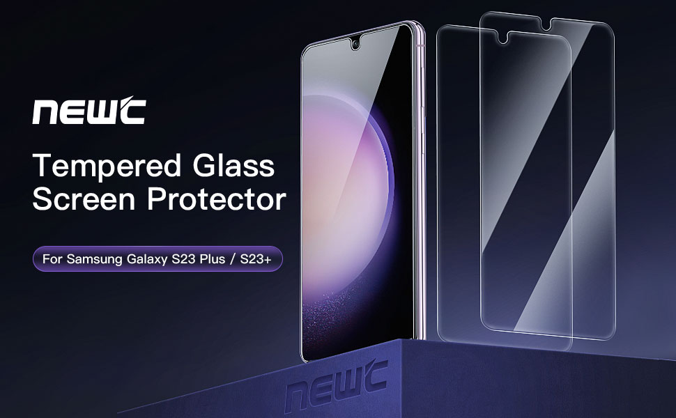 NEWC tempered glass screen protector for Samsung Galaxy S23 Plus / S23+. Product packaging shows a smartphone with the protector alongside.