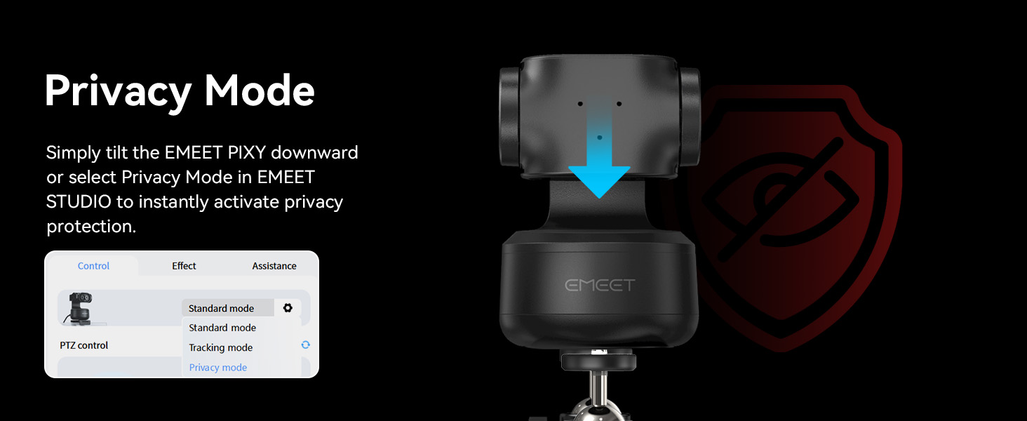 Privacy mode activates by tilt, timer, or app EMEET PIXY ptz camera 4K