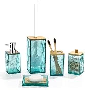 GAHEFY Teal Blue Beach Bathroom Accessories Set, Toothbrush Holder, Soap Dispenser, Cotton Swabs ...