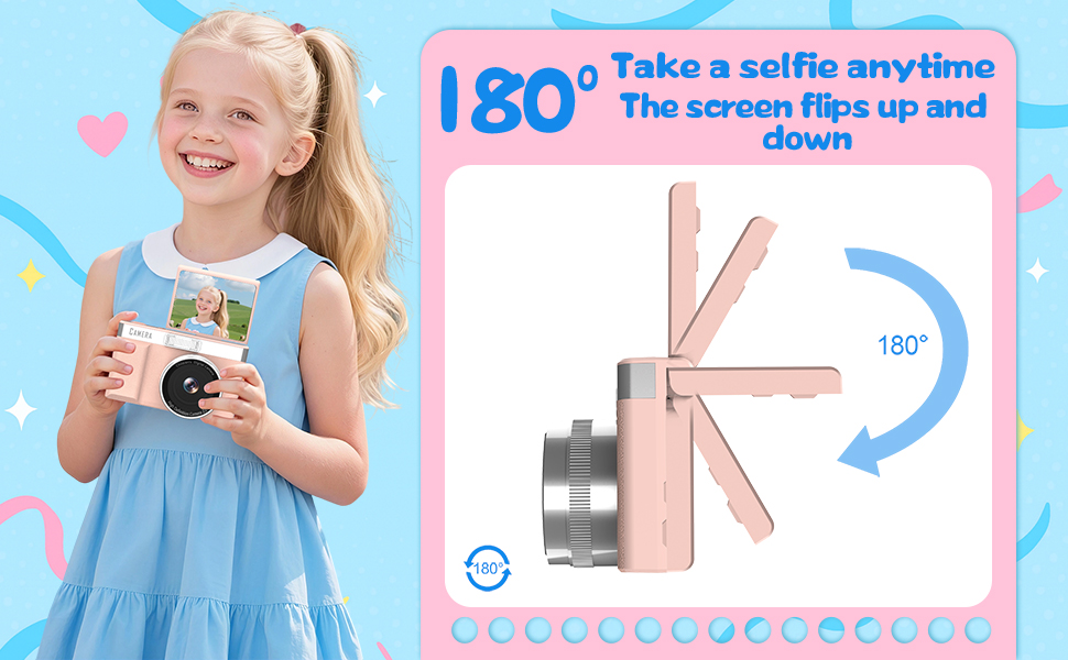 Text reads '180° The screen flips up and down'. Product demonstration showing camera or device with rotating screen feature, illustrated with blue graphics and arrows.