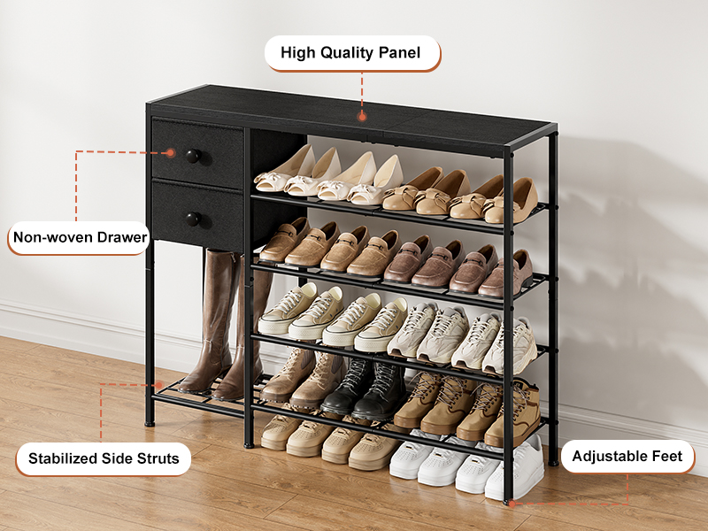 5-Tier Shoe Rack with 2 Fabric Drawers, Metal Frame and Wooden Board Shoe Organizer for 16-20 Pairs