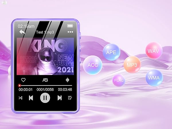 Portable music player with purple border displaying album art and playback controls. Surrounding floating bubbles show supported audio formats: APE, WAV, MP3, WMA, FLAC, ACC.