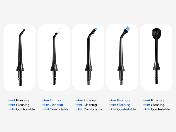 Five black dental cleaning tools with different tip shapes. Chart below shows firmness, cleaning, and comfort levels for each tool.
