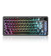 Compact mechanical keyboard with RGB backlit keys displaying rainbow color pattern across all keys. Features a tenkeyless layout in black frame.