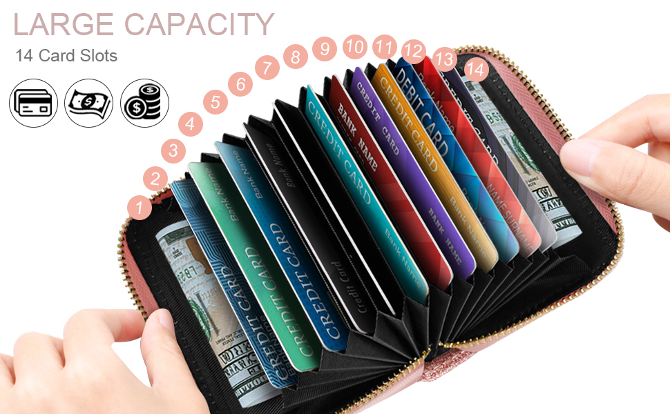 12 credit card slots,2 cash compartment and 1 back zipper coin pocket