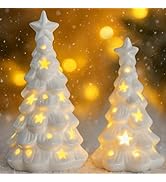 White Ceramic Christmas Trees with Lights, 2Pcs Light Up Table Top Porcelain Christmas Tree, Tabl...