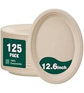 DaYammi 100% Compostable Oval Paper Plates 12 Inch, 125-Pack Heavy Duty Natural Paper Plates Bulk...