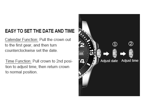 Text reads 'EASY TO SET THE DATE AND TIME' with 'Calendar Function' and 'Time Function' instructions. Watch face diagram showing numbered adjustment points (1, 2) for date and time settings.